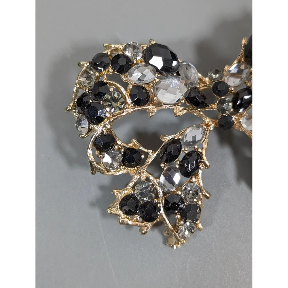 Large Gold Tone‎ Black Gray Rhinestone Bow Brooch Statement Ribbon Pin